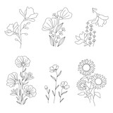 Line art flowers design set. Floral motifs for tattoo print wall art cover. Magnolia, chrysanthemum, lavender, poppy, shirley, sunflower, helianthus blossom bud branch leaves. Vector illustration