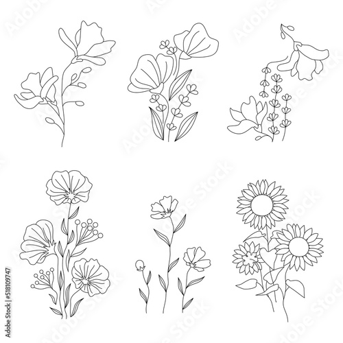 Line art flowers design set. Floral motifs for tattoo print wall art cover. Magnolia, chrysanthemum, lavender, poppy, shirley, sunflower, helianthus blossom bud branch leaves. Vector illustration