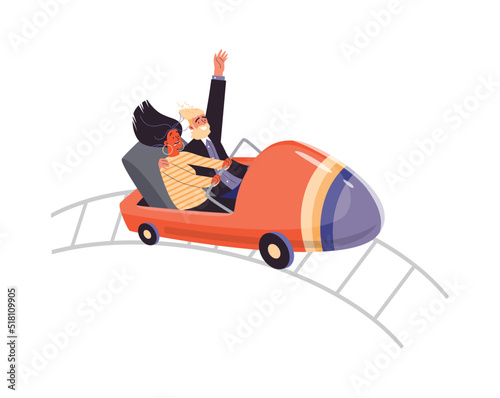 Man and woman riding roller coaster in amusement park, flat vector isolated.