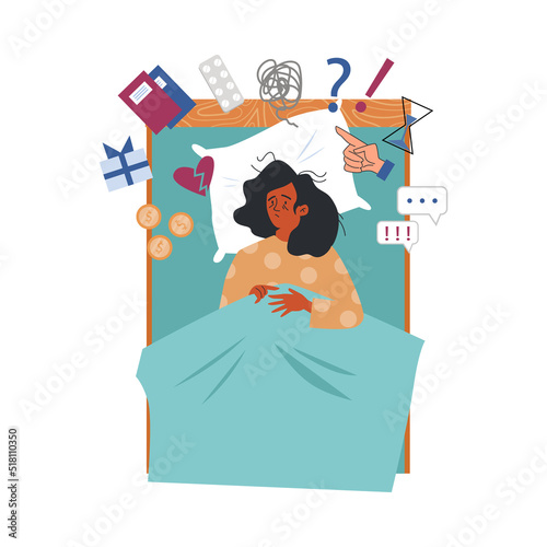 Tired woman lying in bed and thinking about problems flat style