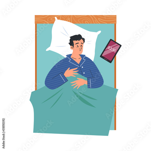 Man lies in bed and suffers from insomnia, flat vector illustration isolated.