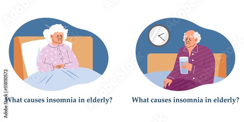 Elderly man and woman suffer from insomnia flat style