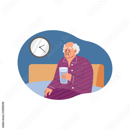 Tired sad grandfather sitting on bed with glass of water flat style