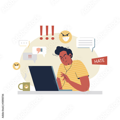 Hater posting messages on social networks, flat vector illustration isolated.