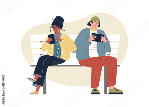 Man and woman sitting on bench addicted to the Internet and phone, flat vector illustration isolated on white.