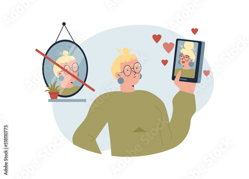 Social media behavior with woman posting fake selfie photos, vector isolated.