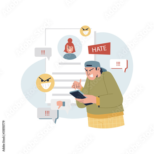 Angry boy leaving negative comments in social media, hate and dislikes flat style