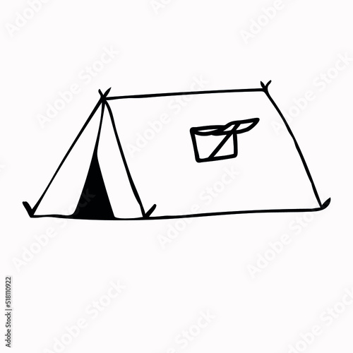Tourist tent fixed with stakes with a window. Hand drawn vector illustration. Element for greeting cards, posters, stickers and seasonal design. Isolated on white background. © Dilara