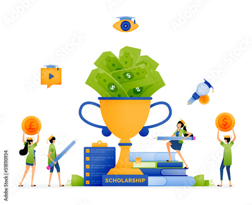 Design of outstanding student trophies filled with piles of money to help pay for tuition fees to continue education. Illustration for landing page website poster banner mobile apps web brochure ads