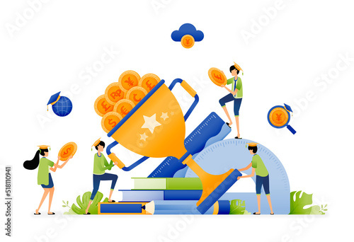 Design of students take money in trophy. outstanding students receive scholarship support for tuition fees. Illustration for landing page website poster mobile apps web social media brochure ads etc