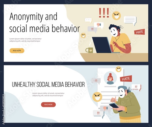 Unhealthy social media behavior web banners set, flat vector illustration.