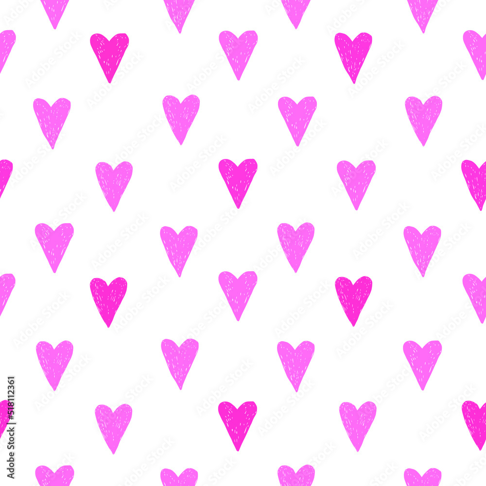 Seamless hand drawn hearts pattern in pink on white background. Perfect for background, fabrics, clothing, websites.	
