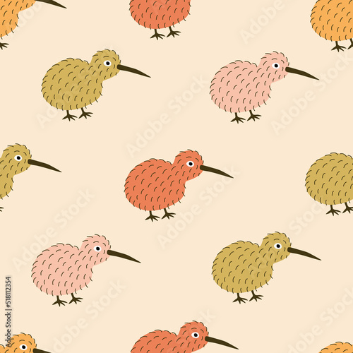 Funny colorful kiwi birds hand drawn vector illustration. Adorable New Zealand furry bird seamless pattern for kids fabric or wallpaper.
