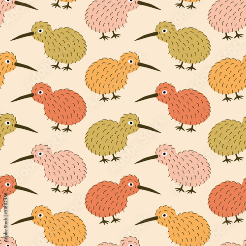 Cute colorful kiwi birds hand drawn vector illustration. Funny New Zealand furry bird in flat style seamless pattern for kids fabric or wallpaper.