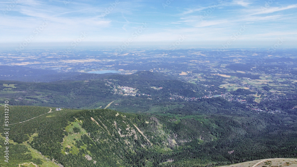 Aerial photography of Krkonose mountain range in Czechia, including the Snezka mountain