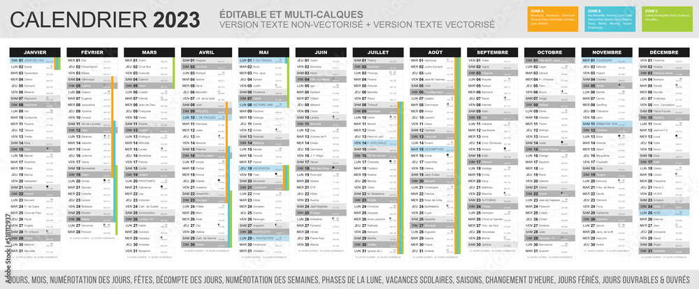 Calendrier 2023 - Fichier éditable et multi-calques
