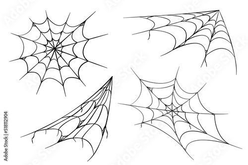 Black halloween cobweb set on white background. Vector illustration, clip art. Happy halloween. Line vector silhouette. Illustration for web design.