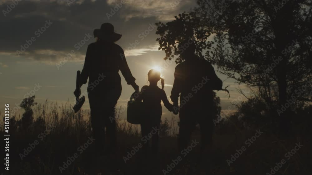 Silhouettes of happy grandparents, kid girl together going in forest field holding hands for plant tree at sunset outdoors. Volunteers family activity : reforestation, environment care for help nature