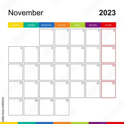 November 2023 colorful wall calendar, week starts on Monday. photo