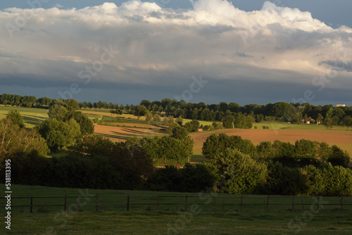 Lush rolling sunny countryside with farmland and trees under a cloudy sky.