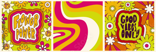 Daisy Flowers, Trippy groovy poster set for print design quote. Psychedelic hippy groovy print. Template poster vector illustration. Abstract vector pattern. Wavy Swirl, checkerboard, btight color