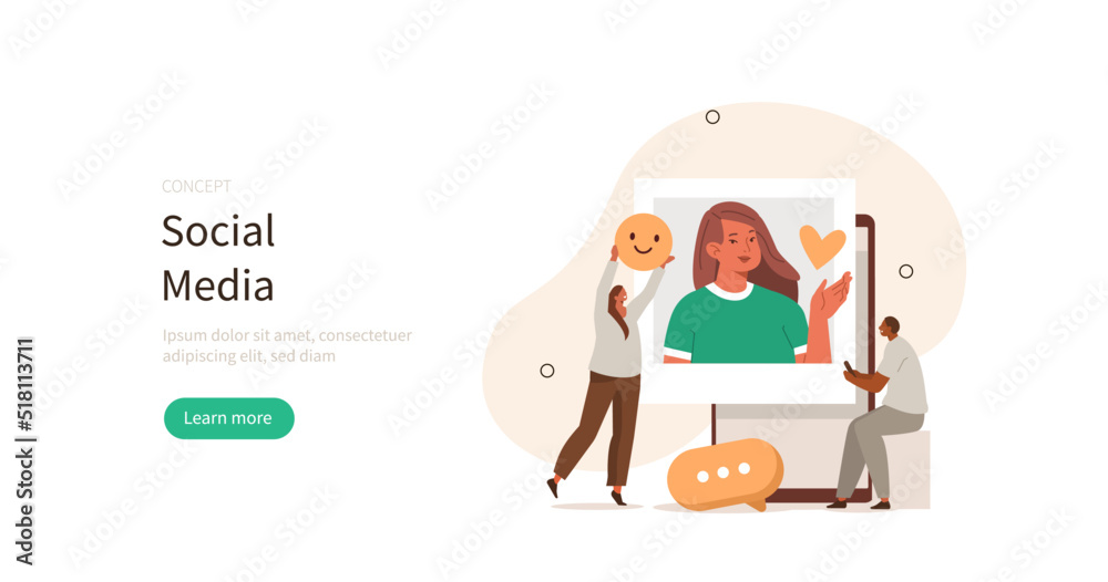Social media. Characters integrating with social media platform and leaving reactions on post. Followers giving feedback, likes, writing comments. Vector illustration.