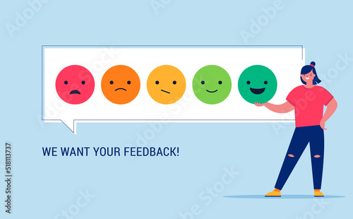 Woman giving review rating and feedback. Customer choice and employee feedback. Rank rating stars feedback. Business satisfaction support. 