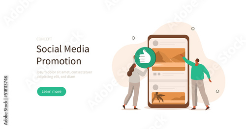 Social media promotion. Characters integrating with social media platform and leaving reactions on post. Followers giving feedback. Digital marketing and media concept. Vector illustration.
