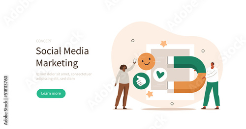 Social media marketing. Characters integrating with social media platform and using marketing strategy to increase followers. Digital marketing and media concept. Vector illustration.