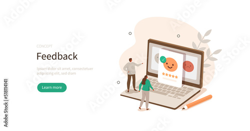 Feedback and review. Characters choosing emoji to show positive, negative or neutral satisfaction rating and filling survey. Customer service and user experience concept. Vector illustration.