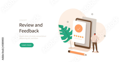 Feedback and review. Character successfully fill survey form online and give five star positive opinion. Customer service and user experience concept. Vector illustration.