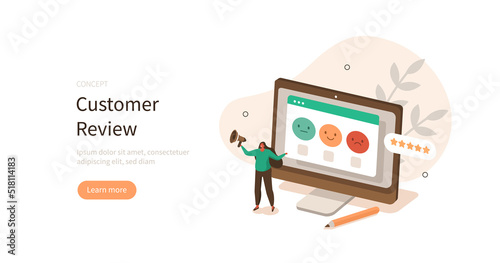 Feedback and review. Character asking for positive, negative or neutral feedback and survey. Customer service and user experience concept. Vector illustration.