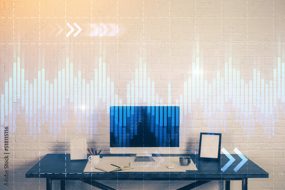 Stock market graph and table with computer background. Multi exposure. Concept of financial analysis. Stock market graph and table with computer background. Multi exposure. Concept of financial analysis.