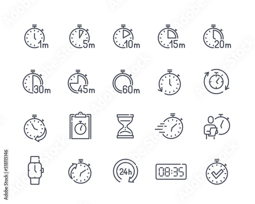 Set of timers simple line icons. Stickers with clock, smart watch, hurry time and hourglass. Design elements for apps and social media. Cartoon flat vector collection isolated on white background