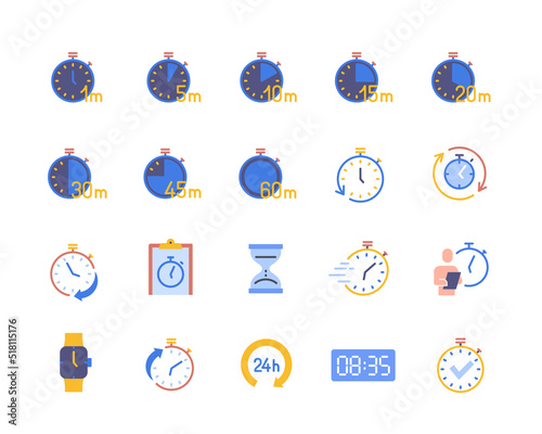 Set of timers colorful icons. Bright stickers with digital clock, time management, deadline and hourglass. Design elements for web and apps. Cartoon flat vector collection isolated on white background