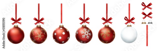 Red Christmas bauble tree decorations with other design elements isolated against a white background. photo