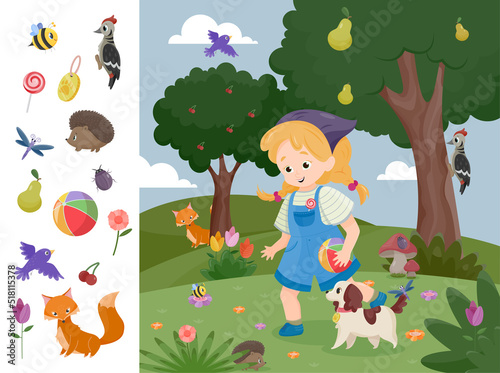 Educational game for children. Little girl looking for hidden objects in forest. Entertainment for kids. Preschooler finds animals and plants. Design element for book. Cartoon flat vector illustration