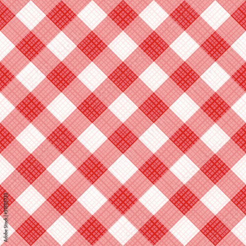 Seamless red gingham fabric cloth, tablecloth, pattern, swatch, background, or wallpaper with fabric texture visible. Single tile here.