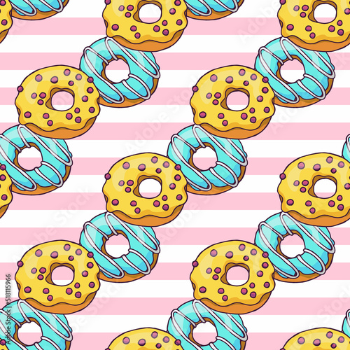 Seamless pattern with hand drawn yellow and blue donuts on pink and white striped background