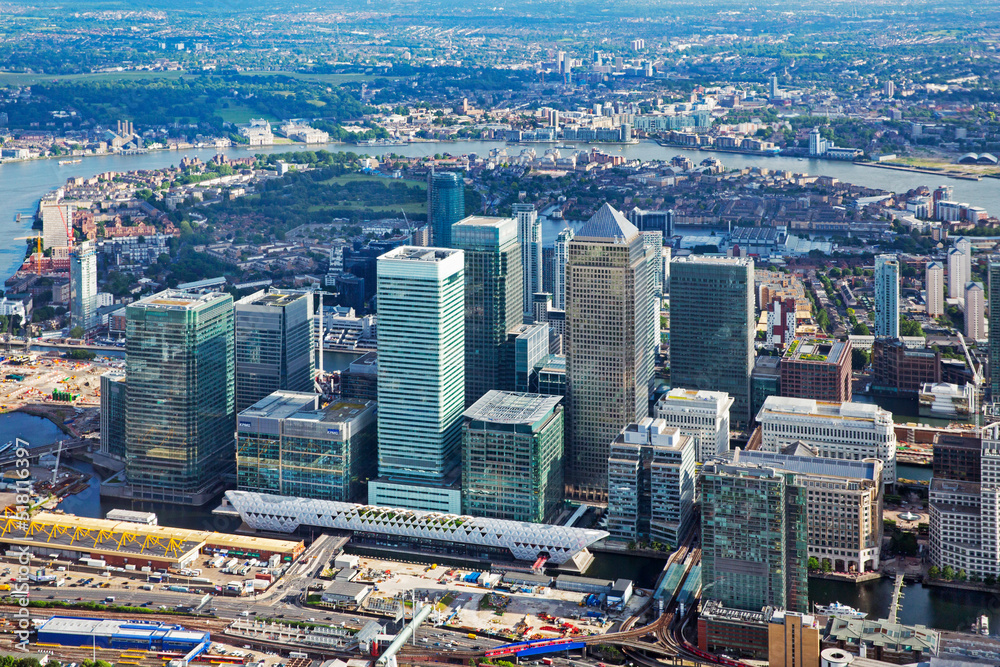 Aerial view of the Canary Wharf banking and finance district in East London