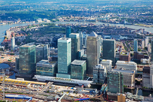 Aerial view of the Canary Wharf banking and finance district in East London photo