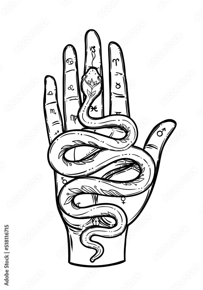Magic hand and snake. Fortune telling concept. Spiritual Palmistry