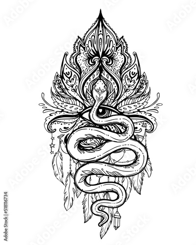 Snake and triple moon phases. Sacred geometry, celestial pagan Wiccan goddess symbol. Magic wicca witch sign, energy circle, boho style, vector isolated on white background