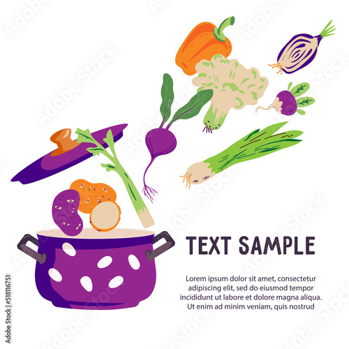 Banner or poster template with fresh vegetables in kitchen pot, flat cartoon vector illustration on white background. Vegetarian food and healthy eating. Recipe page design.
