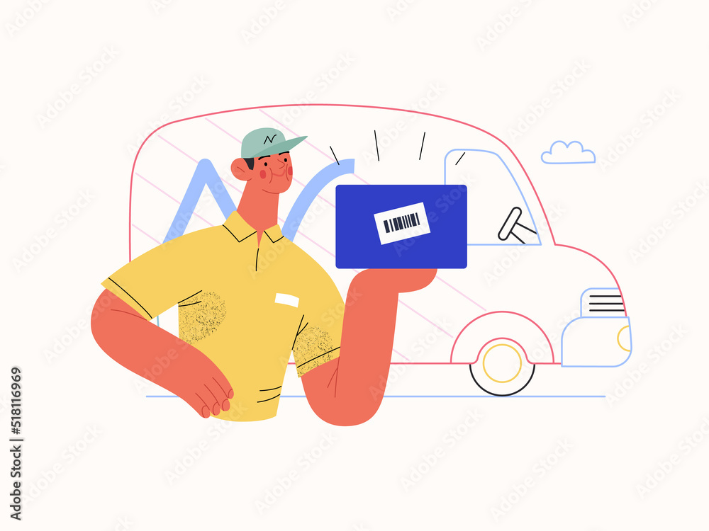 Express delivery - Online shopping and electronic commerce series - modern flat vector concept illustration of a delivery man with a box and van. Shipment, sale and online orders concept Express delivery - Online shopping and electronic commerce series - modern flat vector concept illustration of a delivery man with a box and van. Shipment, sale and online orders concept