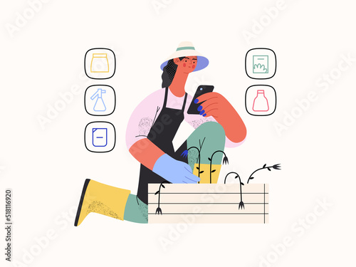 Shop now - Online shopping and electronic commerce series - modern flat vector concept illustration of a woman gardening and shopping online. Promotion, discounts, sale and online orders concept