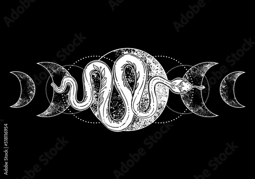 Snake and triple moon phases. Sacred geometry, celestial pagan Wiccan goddess symbol. Magic wicca witch sign, energy circle, boho style, vector isolated on white background