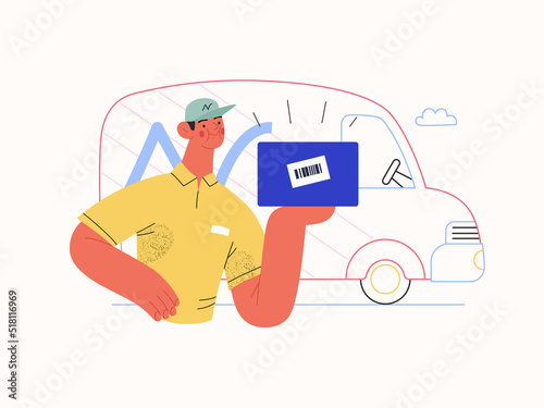 Express delivery - Online shopping and electronic commerce series - modern flat vector concept illustration of a delivery man with a box and van. Shipment, sale and online orders concept