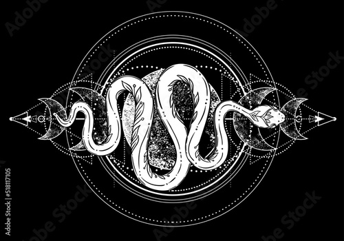 Snake and triple moon phases. Sacred geometry, celestial pagan Wiccan goddess symbol. Magic wicca witch sign, energy circle, boho style, vector isolated on white background