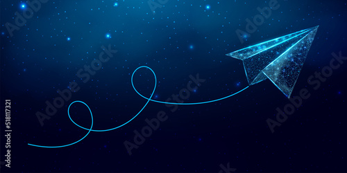 Polygonal paper plane. Business startup, innovation, growth, travel, way forward freedom concept. Wireframe low poly plane. Vector illustration. photo